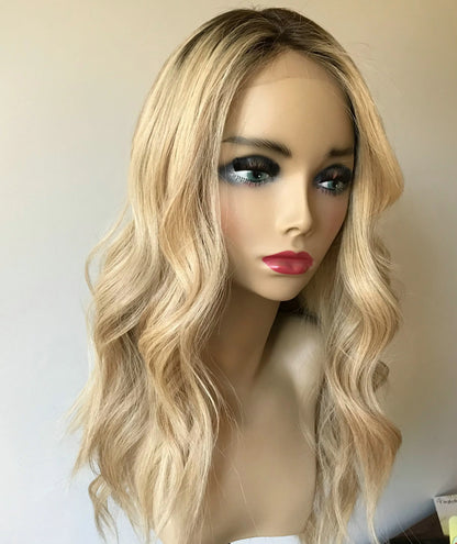 Silk Top Invisible Knots Brazilian Virgin Hair Brown Roots Blonde 360 Lace Front Wig