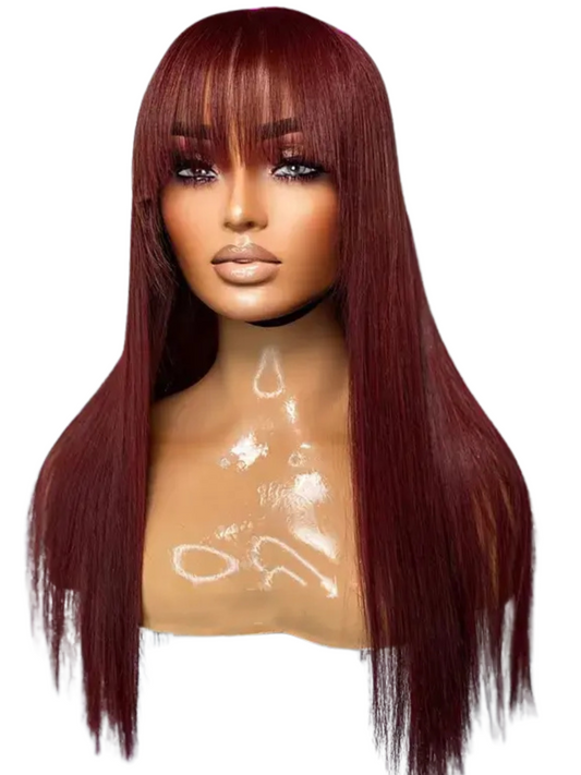 16''18''20''22''24'' Red Color Remy Human Hair 150%180% Density Silky Straight Transparent Lace 360 Lace Front Wig With Bangs