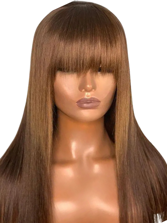 DESTINY Brown Color Human Hair Women Wigs With Bangs  Silky Straight 13x6 Lace Frontal Wig