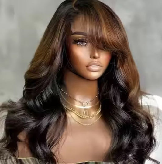 SOLANGE Brown Mix Black Loose Wave 5x5 Closure C Part Glueless Wig with Bangs
