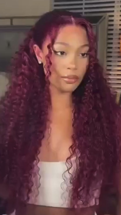 ROSE 26 inch length 5*5 inches HD closure wig Burgundy color curly texture Human Hair lace top wig